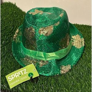 Lucky Clover Fedora St. Patrick's Day Sequined Shamrock Hat One Size Green Gold